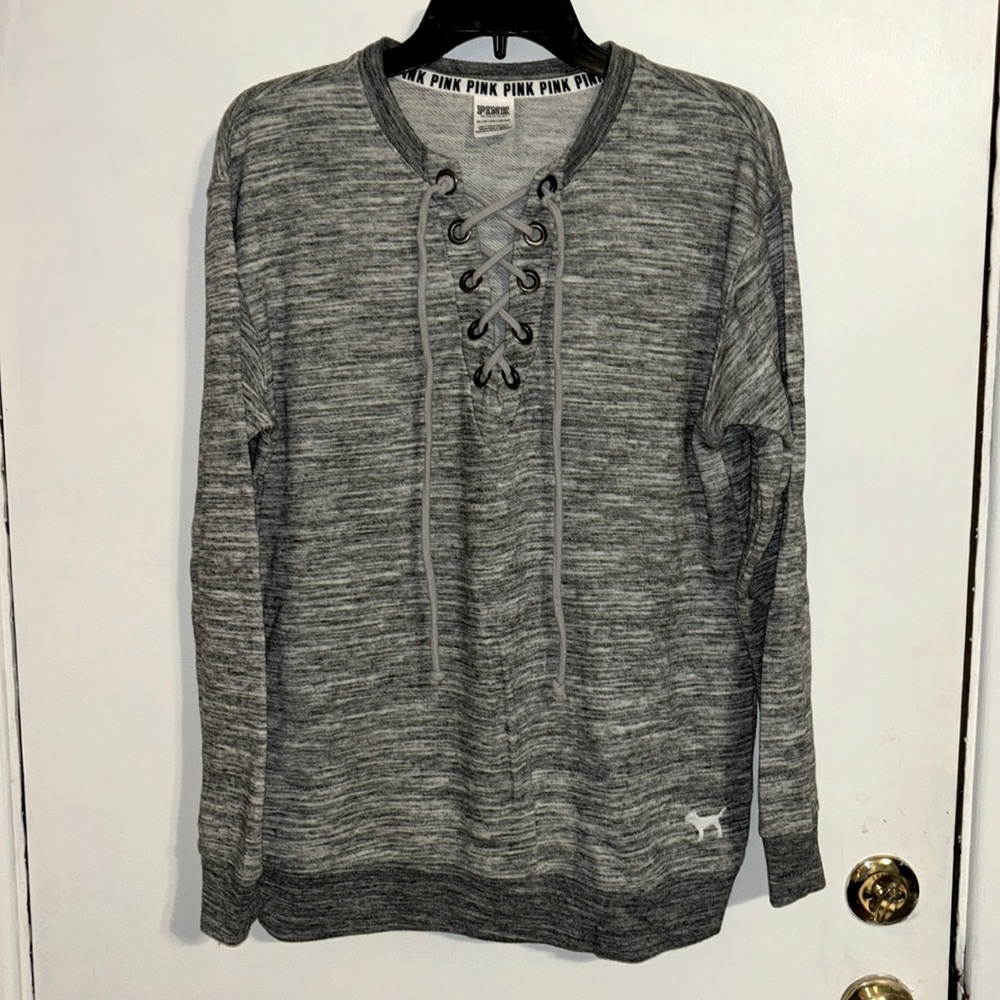 VS Pink v neck sweatshirt with lace up front. XS oversized
